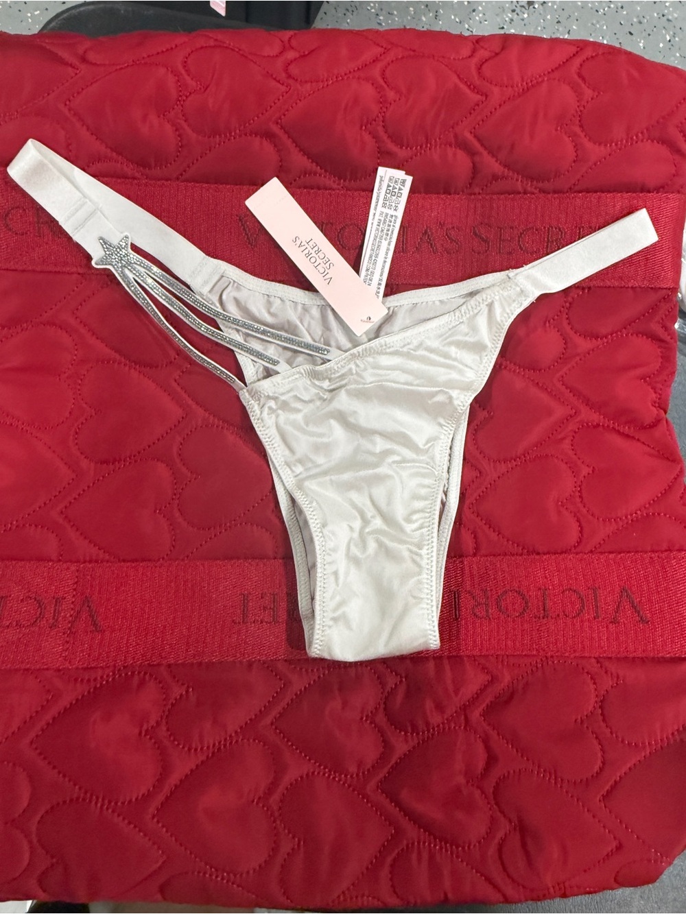 Victoria's Secret Silver Satin Thong with Star Strap Detail